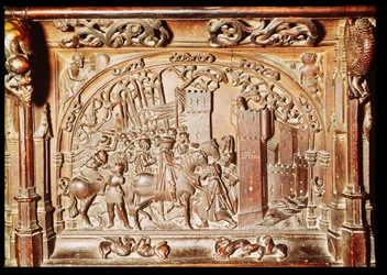 Scène du niveau inférieur des stalles du chœur montrant la conquête de Grenade, 1495